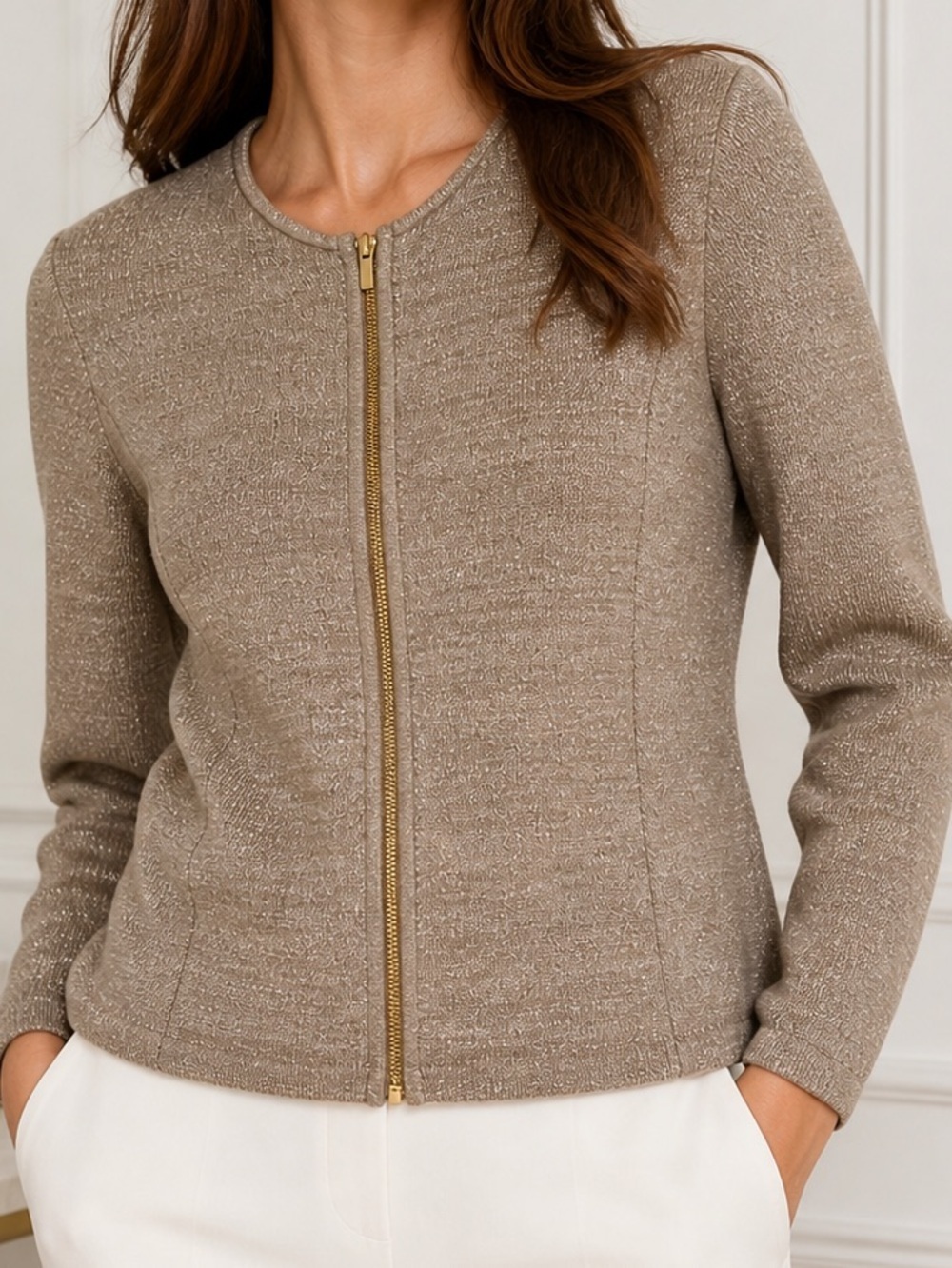 Wolford Nadi Metallic Knit Zip Jacket Cardigan M Taupe Gold